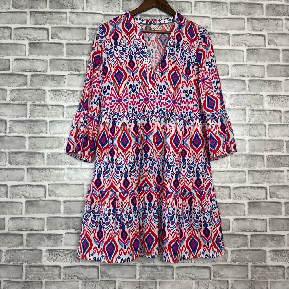 Boden Linen Lightweight Ikat Pattern Peplum Sleeve Tiered Midi Long Sleeve Dress
